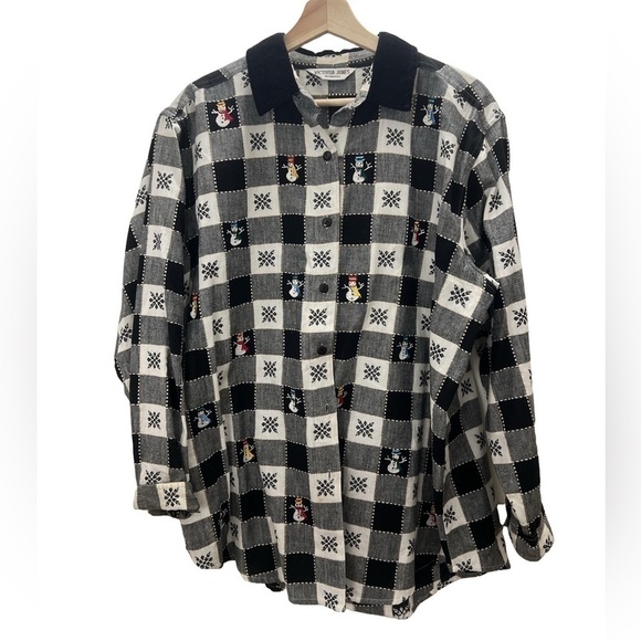 Victoria Jones Woman Tops - Vintage 90s Christmas Flannel Plaid Embroidered Button Down Sweater Size XL